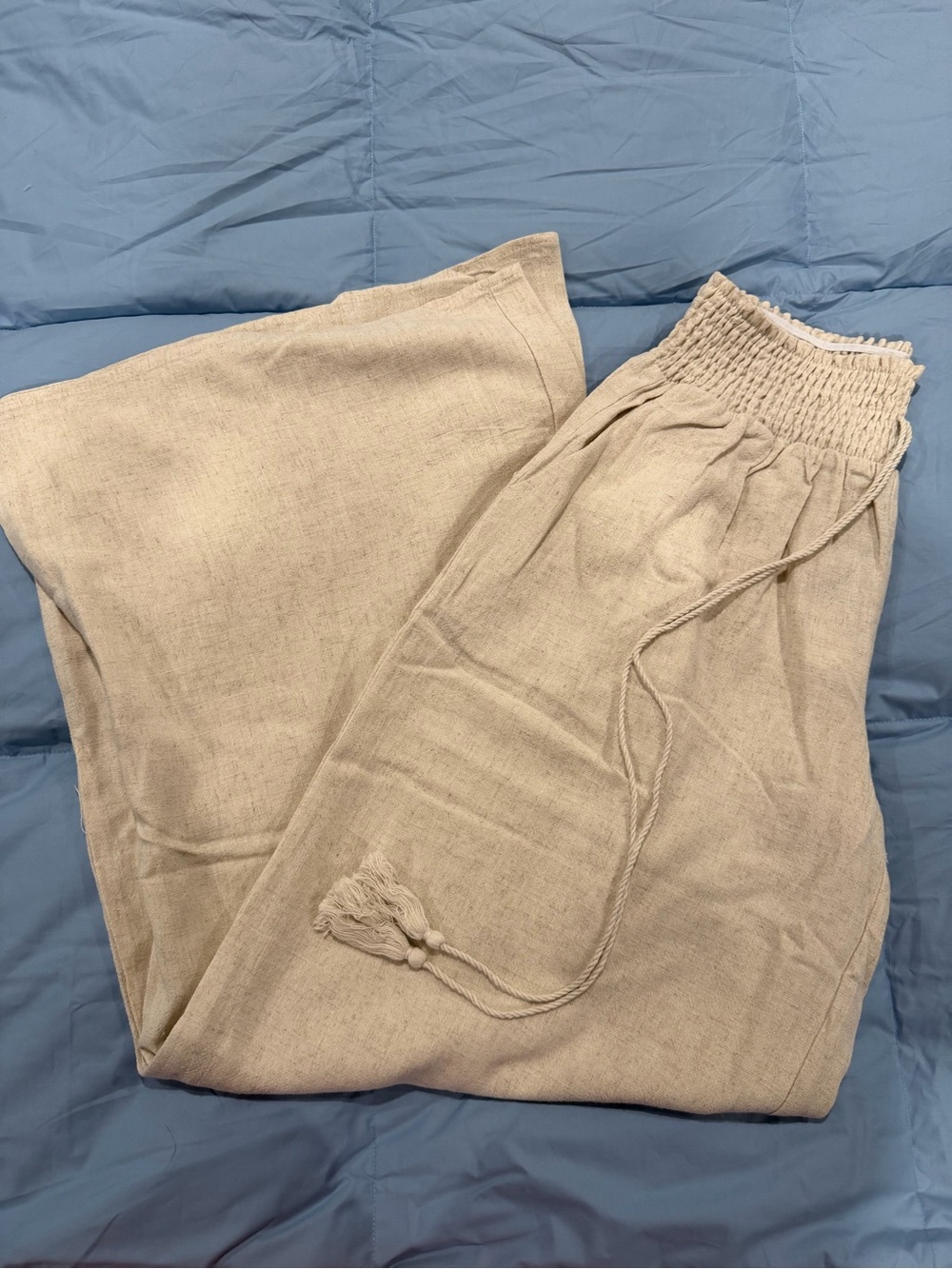 Wide Leg Smocked Waist Linen-Blend Pants in Beige